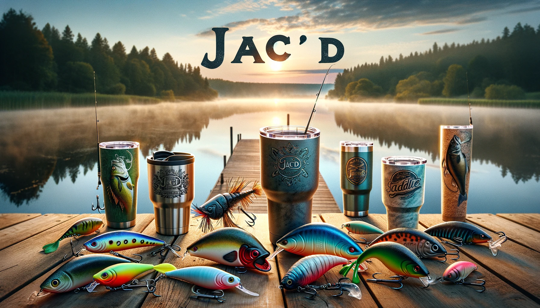 Tranquil lake dawn scene with JAC'D logo, fishing lures on a wooden dock, and custom-designed tumblers reflecting the morning sun, symbolizing a fusion of fishing and outdoor leisure.